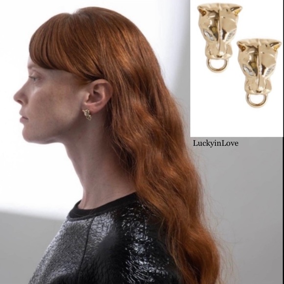 ALEXIS BITTAR • Gold Panther Head Crystal Eyed Post Stud Ring Earrings - Picture 2 of 12